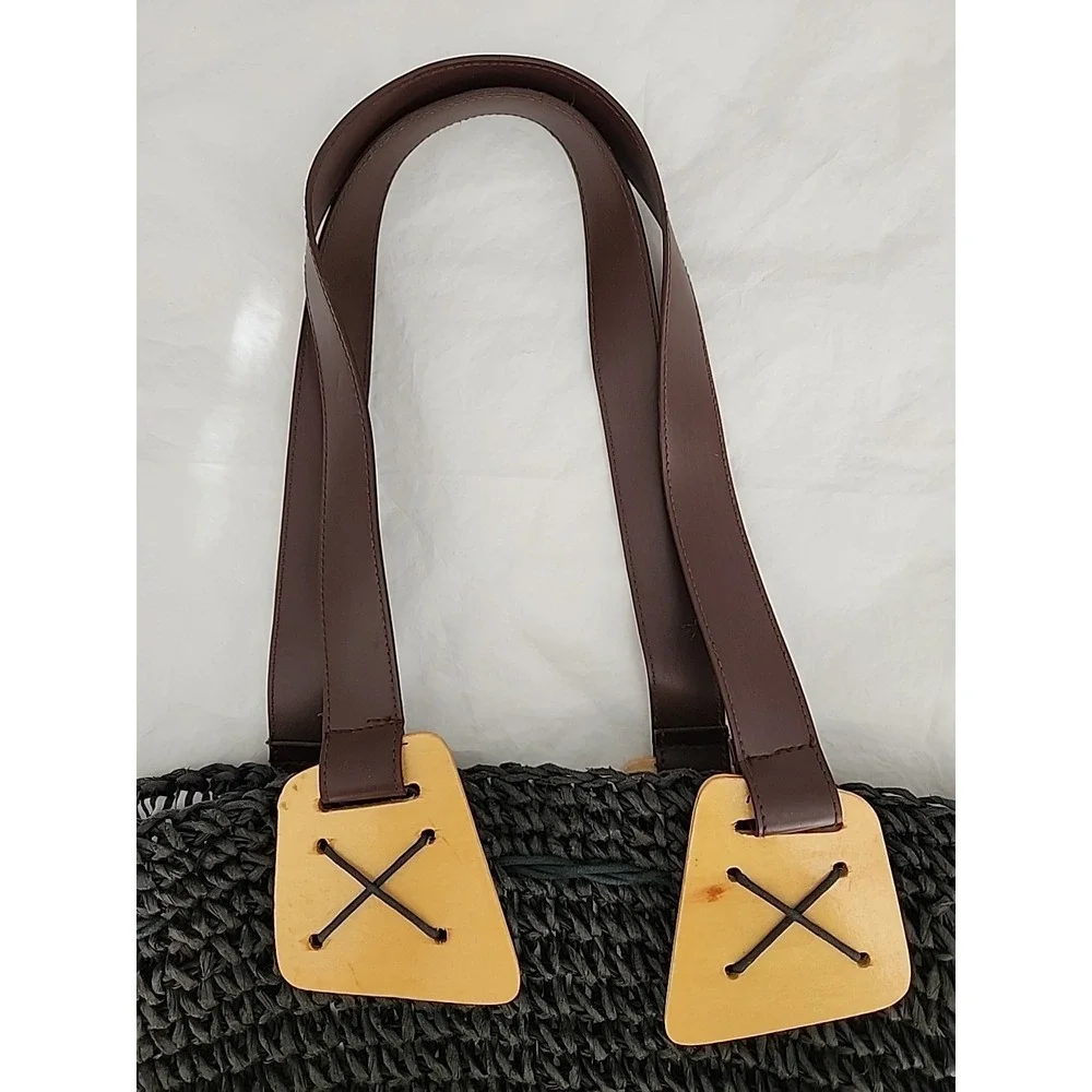 Straw, Leather & Wood Women's Tote Shoulder Handbag Black w/Brown Leather Straps